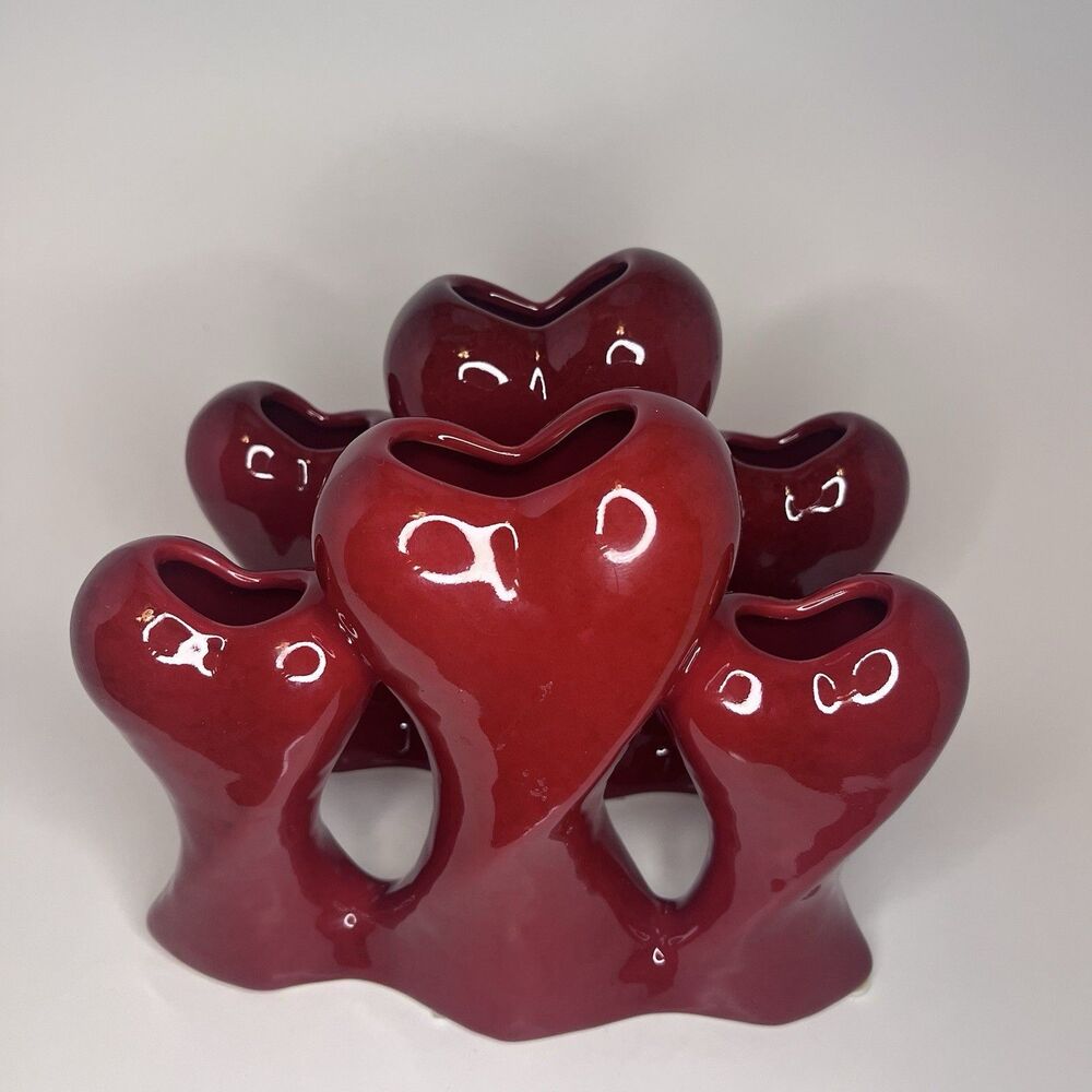 Triple Heart Red Ceramic Vase Multi Bud Floral Holder Set Of 2